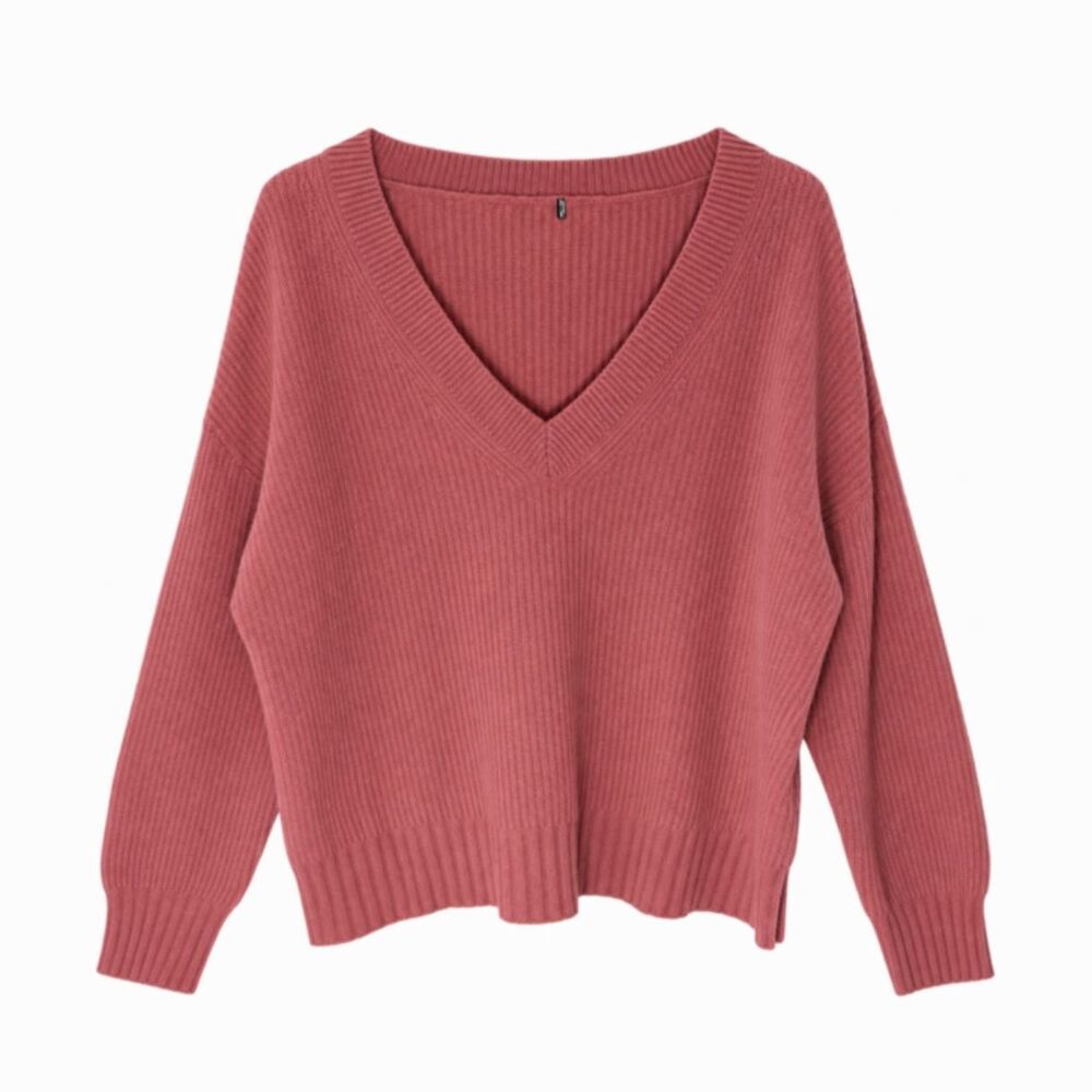 100% Cashmere Dusty Rose V Neck Ribbed Sweater Oversized Boho Coastal Chic
